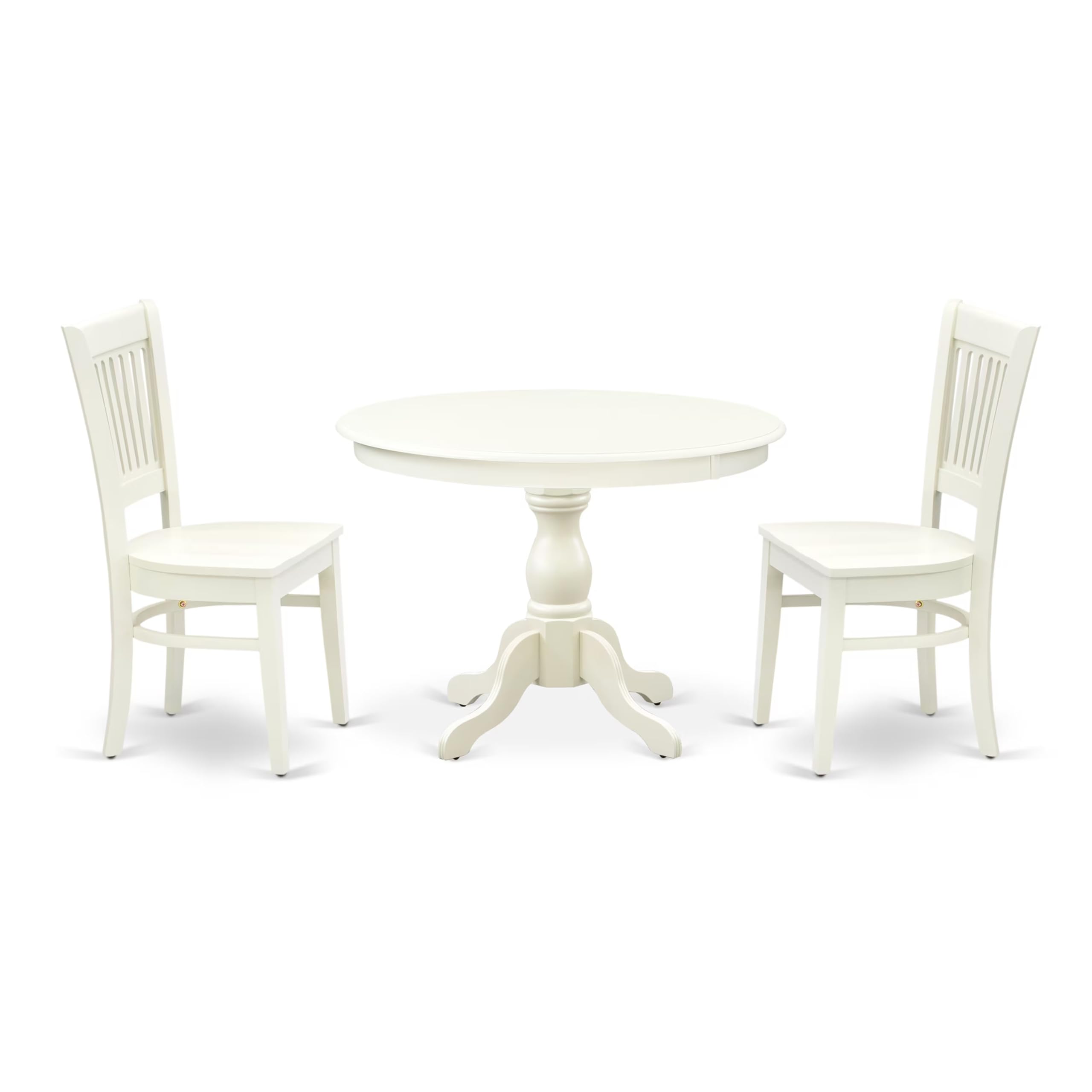 East West Furniture Hbva3-Lwh-W 3 Piece Dining Room Furniture Set Contains A Round Dining Table With Pedestal And 2 Wood Seat Chairs, 42X42 Inch, Linen White